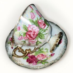 Ucagco April Sweet Pea Teacup & Saucer Iridescent Lusterware Japan Vintage